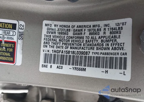 2008 Honda Civic Ex из США, поврежденный, VIN 1HGFA15818L039087